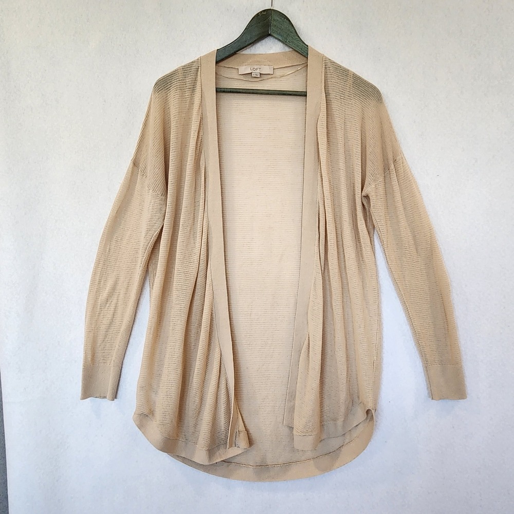 LOFT Womens Beige Open Front Cardigan Sweater‎ Size M Lightweight Semi-Sheer Tan